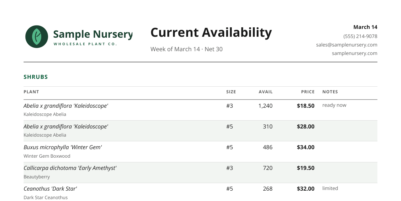 A finished availability list: nursery logo and contact at the top, plants grouped under SHRUBS with size, quantity, price and notes.