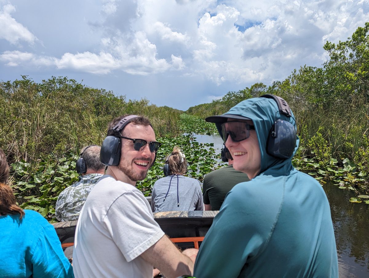 Plantiful team on an Everglades airboat during the 2023 Miami offsite